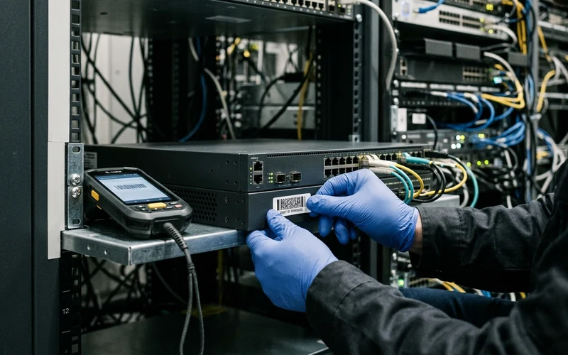 Tecnico che registra etichette di apparati in un locale tecnico