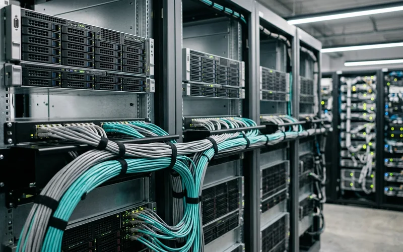 Server rack illuminati con cavi di rete ordinati in primo piano