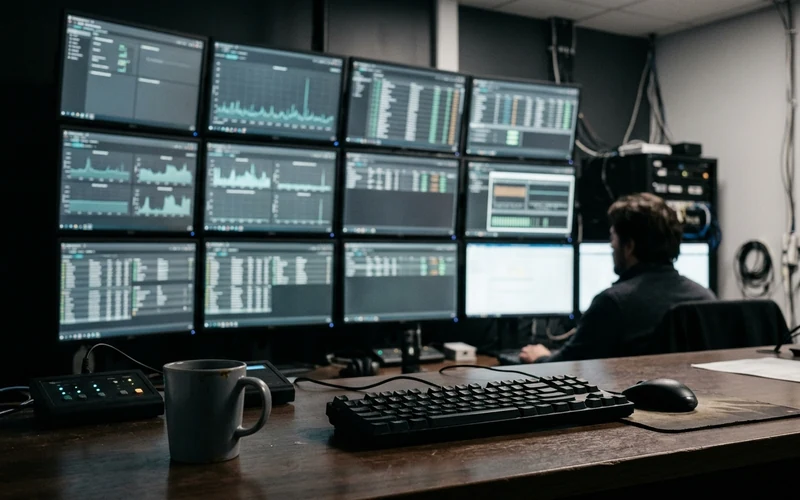 Monitor con grafici di stato dei sistemi in una sala di controllo