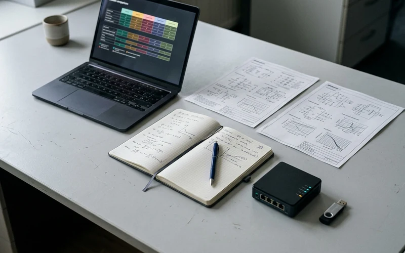 Scrivania con documentazione tecnica e laptop per confrontare soluzioni