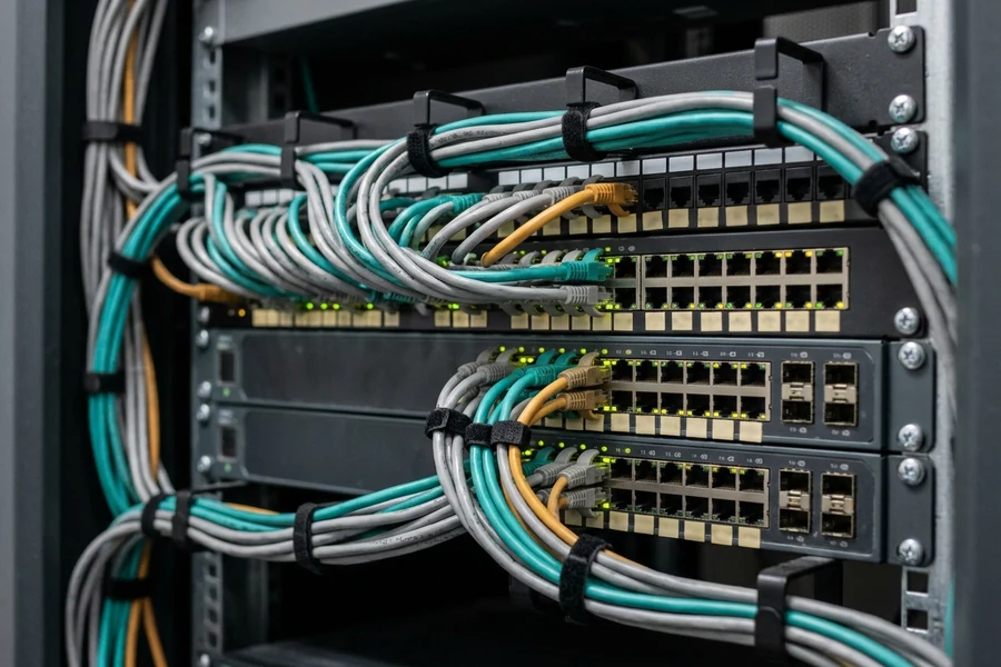 Dettaglio di switch di rete e patch panel organizzati in un rack