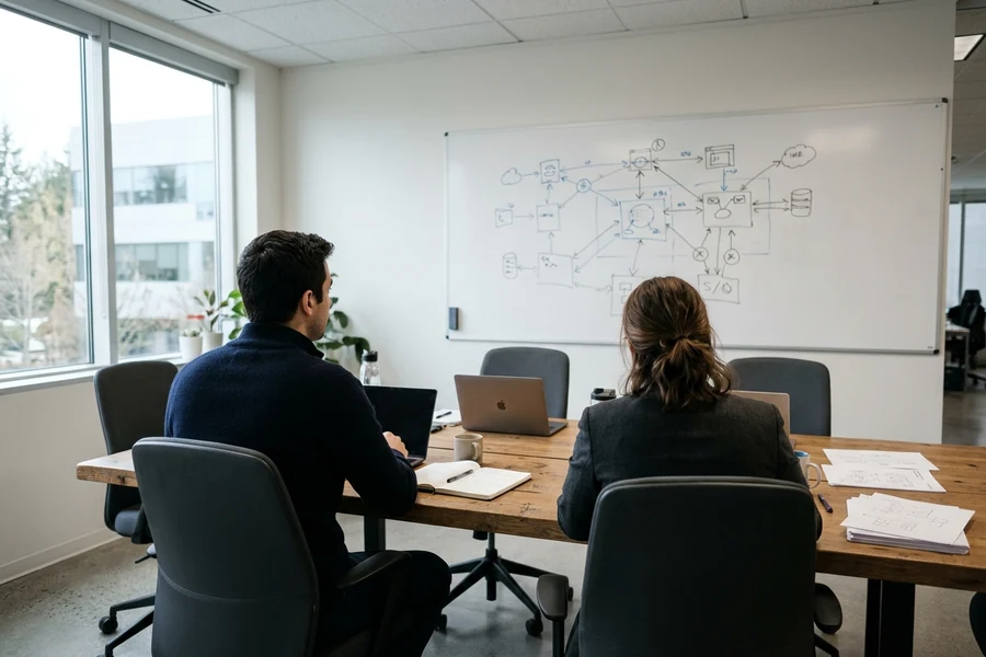 Riunione di pianificazione con schema di infrastruttura su una lavagna Riunione di pianificazione con schema di infrastruttura su una lavagna